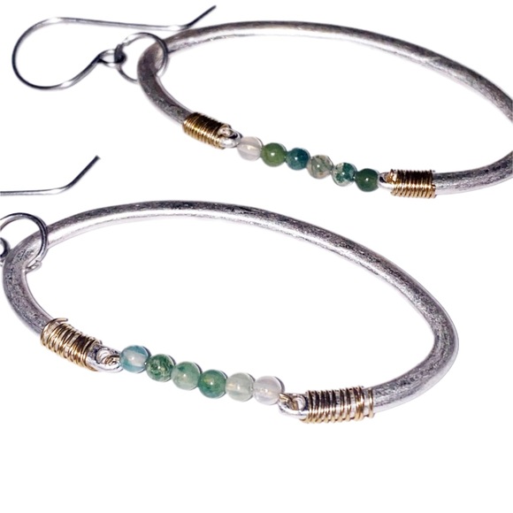 Silver Hoop Dangle Earrings with Green Moss Agate - Picture 3 of 6